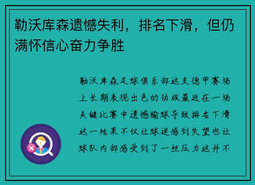 勒沃库森遗憾失利，排名下滑，但仍满怀信心奋力争胜