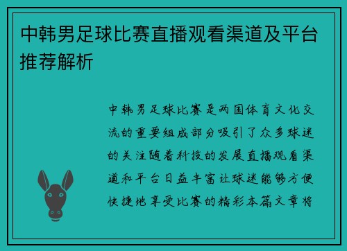 中韩男足球比赛直播观看渠道及平台推荐解析